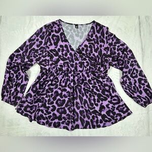 SHEIN Curve Purple Black leopard Print Blouse 2XL V-Neck Stretch Waist